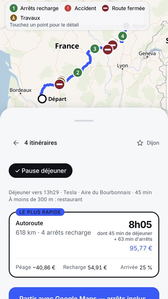 Pause déjeuner : l'arrêt recharge de 13 h 29 sur l'aire du Bourbonnais devient la pause repas, 45 minutes, restaurant à moins de 300 m.
