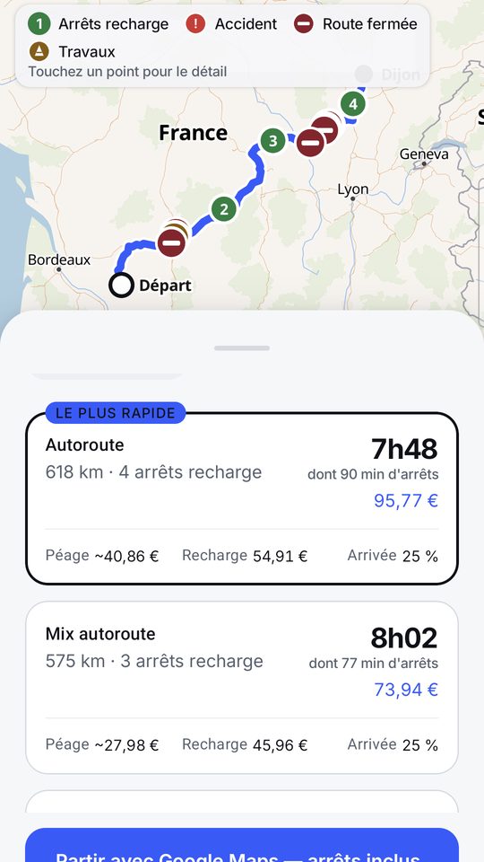 Écran de Wattlas : itinéraires comparés de Douzains à Dijon — autoroute 7 h 48 pour 95,77 €, mix autoroute 8 h 02 pour 73,94 €, péage et recharge détaillés.